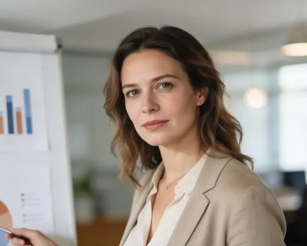 Frau im Büro hält Vortrag vor KollegInnen